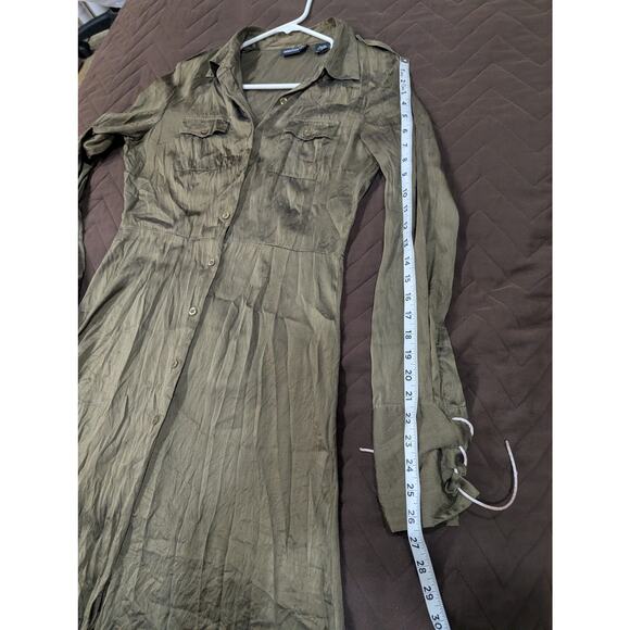 Moda International size S long sleeve collared 100% silk olive green midi dress - Picture 7 of 9